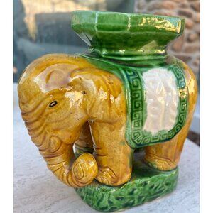 Ceramic Elephant Plant Stand/Holder 6.75" Tall Yellow & Green Vintage 1970s